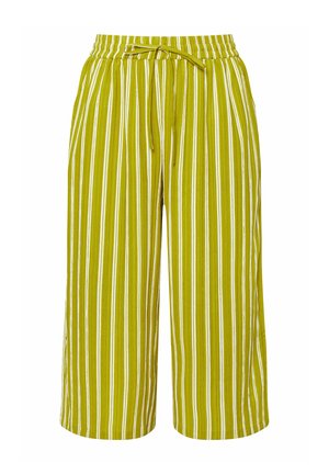 Grønne bukser med vidde ben, hvide lodrette striber og elastisk talje med snøre.