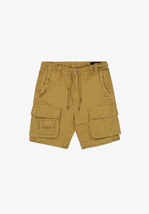 Pantalones cortos de carga color caqui con una cinturilla elástica, cordón, dos bolsillos laterales y dos grandes bolsillos frontales de carga. Hechos de una tela ligera.