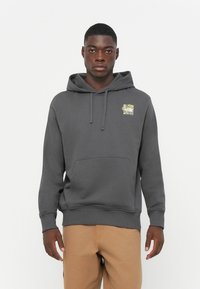 Gray hoodie with a front pocket, drawstring hood, and a square graphic featuring flowers. Made from soft cotton-blend material.