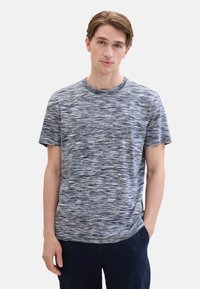 Men's crew neck t-shirt in a blue and gray marled pattern, short sleeves, soft fabric with a smooth texture, featuring a relaxed fit.