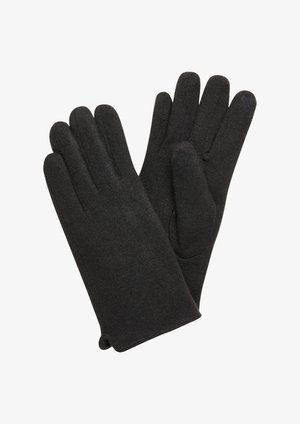 Black knit gloves with five fingers, ribbed cuffs, and a soft texture. Material appears warm and flexible, suitable for cold weather.
