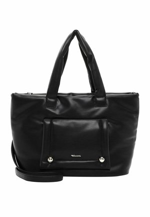 Borsa a tracolla nera sintetica con due manici, una tracolla removibile, tasca frontale e dettagli in metallo tono argento. Texture liscia, forma rettangolare.