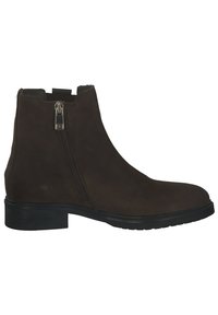 Bottine en daim marron foncé avec fermeture éclair sur le côté, talon bas et semelle en caoutchouc noir, présentée en profil droit sur fond blanc.