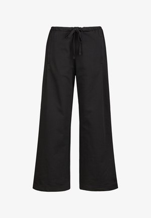 Zwarte broek met wijde pijpen, elastische tailleband en trekkoord, zijzakken, casual stijl.