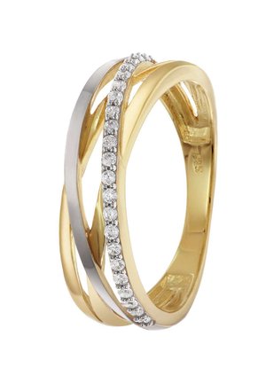 Dreifachring aus Gelbgold und Weißgold, verziert mit einer Reihe kleiner klarer Edelsteine entlang des mittleren Bandes.