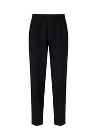 Pantalons noirs ajustés avec une coupe droite, dotés de plis avant, d'une fermeture à bouton et d'une texture lisse. Pas de poches visibles.