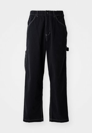 Black cargo pants with a relaxed fit, featuring a drawstring waist, side pockets, and contrasting white stitching details.