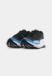 Black running shoes with a textured upper, blue and white accents, a wide sole, and a patterned rubber outsole for traction.