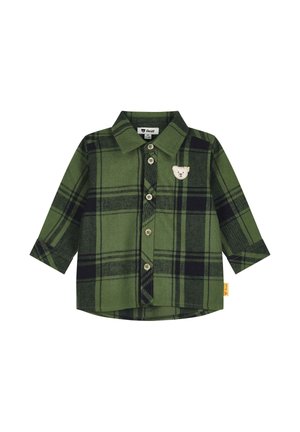 Green and black plaid long-sleeve baby shirt with buttons and a small white bear patch on the left chest.