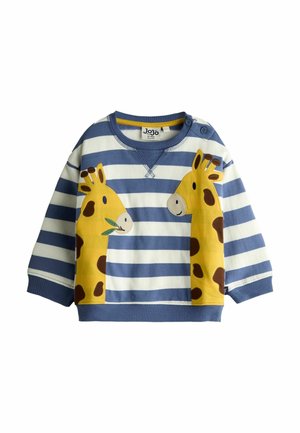 Dziecięca koszulka z długim rękawem w niebiesko-białe poziome paski oraz dwa żółte twarze żyraf zwrócone do siebie na froncie.
