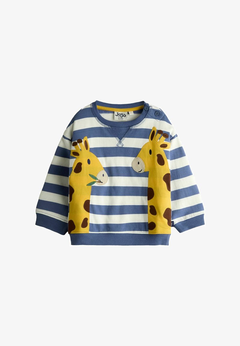 Kindershirt met lange mouwen met blauw-witte horizontale strepen en twee gele giraffenkoppen die elkaar aan de voorkant aankijken.