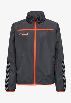 Black lightweight jacket with orange accents. Features a high collar, zip front, and black and gray chevron pattern on sleeves.