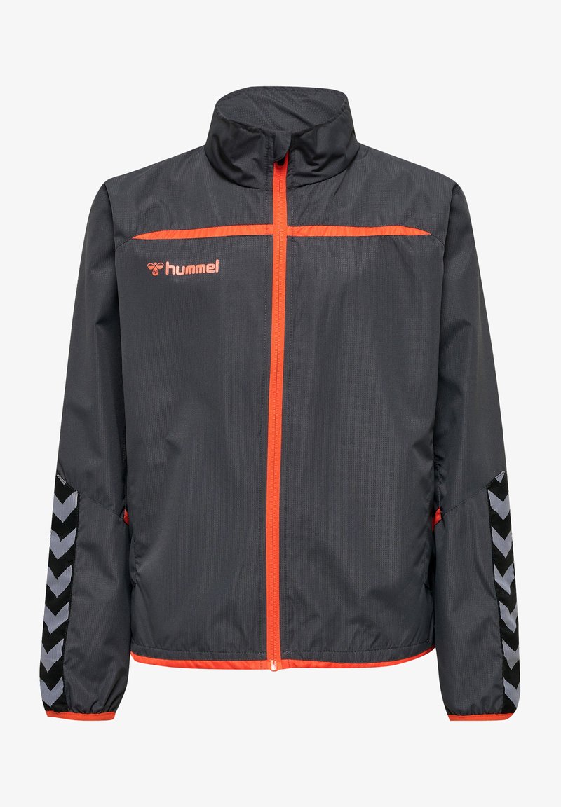 Black lightweight jacket with orange accents. Features a high collar, zip front, and black and gray chevron pattern on sleeves.