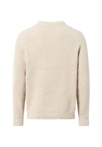Beige Strickpullover mit einem strukturierten Muster, ausgestattet mit einem Rundhalsausschnitt und langen Ärmeln, abgeschlossen mit gerippten Bündchen und Saum.