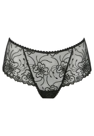 Black lace underwear featuring floral patterns, scalloped edges, and a sheer texture. The design includes intricate embroidery throughout.