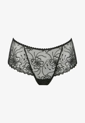 Sous-vêtements en dentelle noire arborant des motifs floraux, des bords festonnés et une texture transparente. Le design comprend une broderie complexe sur l'ensemble.