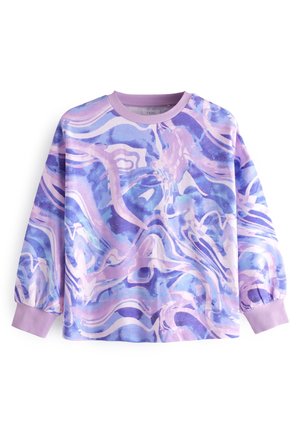 Langærmet sweatshirt med ribkanten ved ærmer og krave, med et abstrakt marmormønster i lilla, pink og blå på et blødt stof.