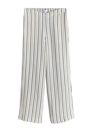 Pantalon blanc à jambes larges, rayures verticales marron et noires, taille élastique.