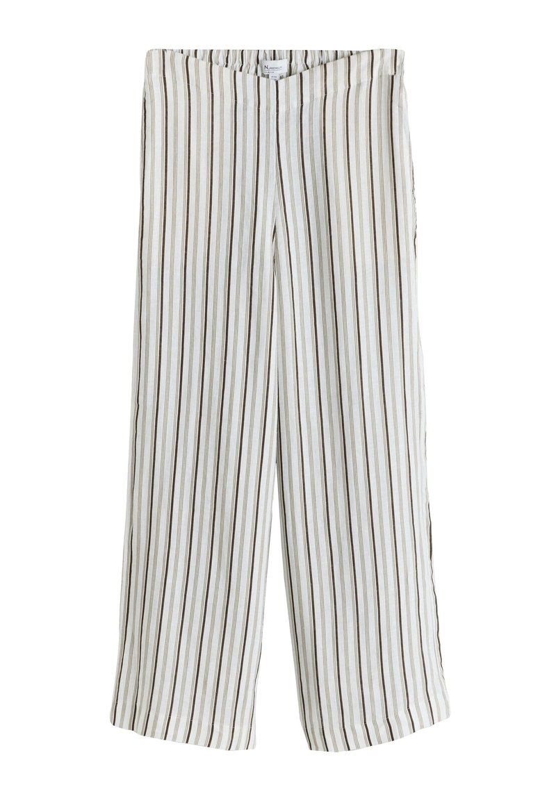 Pantalon blanc à jambes larges, rayures verticales marron et noires, taille élastique.