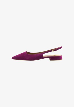 Paarse suède slingback ballerina's met een puntige neus, lage blokhak en verstelbare enkelband met een gouden gesp.