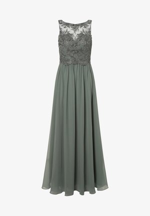 Langes, ärmelloses Kleid in gedämpftem Grün mit einem transparenten Oberteil, das detaillierte silberne Stickereien aufweist, einem fließenden Chiffonrock und einem runden Ausschnitt.