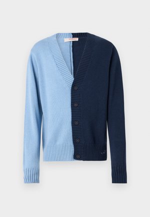 Cardigan bicolore in blu chiaro e navy, con scollo a V, polsini a coste e una fila di bottoni neri lungo la parte anteriore.