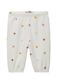 Pantalons blancs pour bébé avec taille élastique et poignets, décorés de petits motifs en forme de cœur en jaune, rose, marron et vert clair.