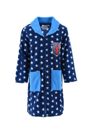 Kinder-Fleecebademantel in Marineblau mit weißen Sternen, hellblauem Kragen und Taschen sowie Spider-Man-Logo-Aufnäher auf der Brust.