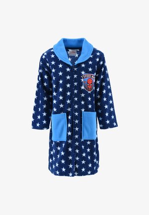 Children’s navy blue fleece robe with white stars, light blue collar and pockets, and Spider-Man logo patch on chest.