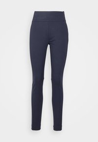 Leggings ajustés bleu marine avec taille haute, fabriqués dans un tissu lisse et extensible. Comprend une poche zippée sur le côté et aucun motif visible.