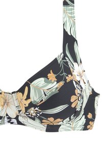 Juoda gėlių bikini viršus su žaliomis lapelėmis ir oranžinėmis gėlėmis, su reguliuojamomis petnešėlėmis ir minkšta medžiaga, turinčia lygų paviršių.