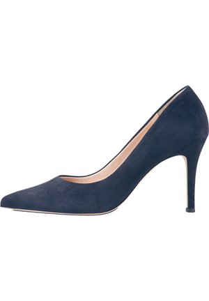 Navy blue suede high heel pump with a pointed toe and a slim stiletto heel. Features a side cutout and a smooth, matte texture.