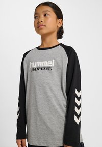 Grå långärmad skjorta med svarta raglanärmar, med en stor "hummel"-logotyp och ett vitt chevronmönster på ärmarna. Mjukt, avslappnat tyg.