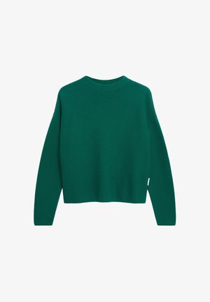 Grüner langärmliger Pullover mit Rundhalsausschnitt und gerippter Textur. Verfügt über überschnittene Schulternähte und einen verkürzten Saum.