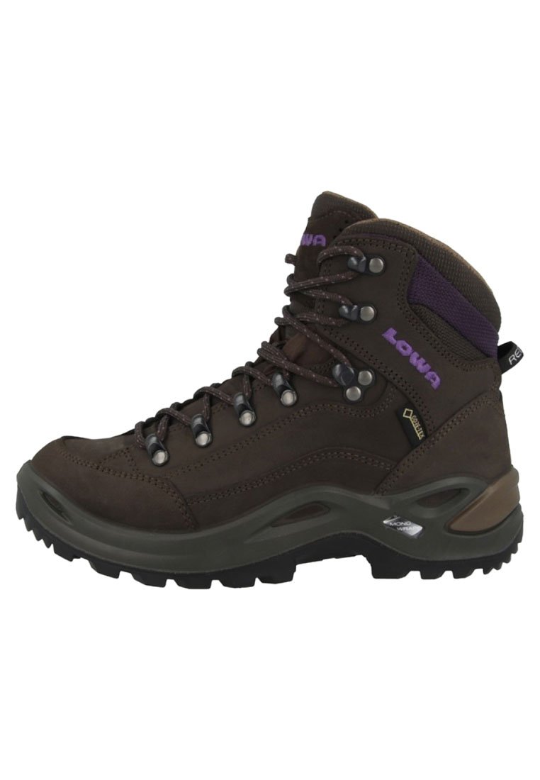 Stivale da trekking marrone realizzato in suede e materiali sintetici, con occhielli metallici, dettagli viola e suola in gomma resistente per una migliore aderenza.