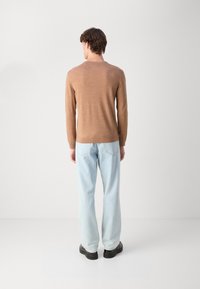 Brown long-sleeve sweater made of lightweight fabric, fitted at the shoulders, with a rounded neckline and a seamless back design.