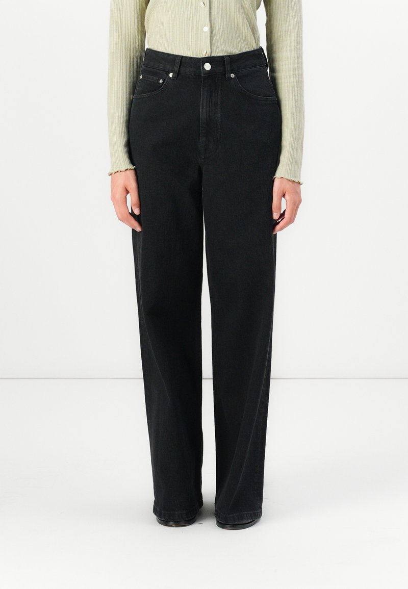Black wide-leg jeans with a high waist, made of denim fabric. Features belt loops, front pockets, and a classic five-pocket design.