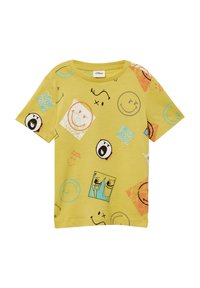 Gelbes T-Shirt mit kurzen Ärmeln, verziert mit verschiedenen bunten Smileys, abstrakten Formen und Texten wie "So Long Negativity" und "Gloom Fighter."