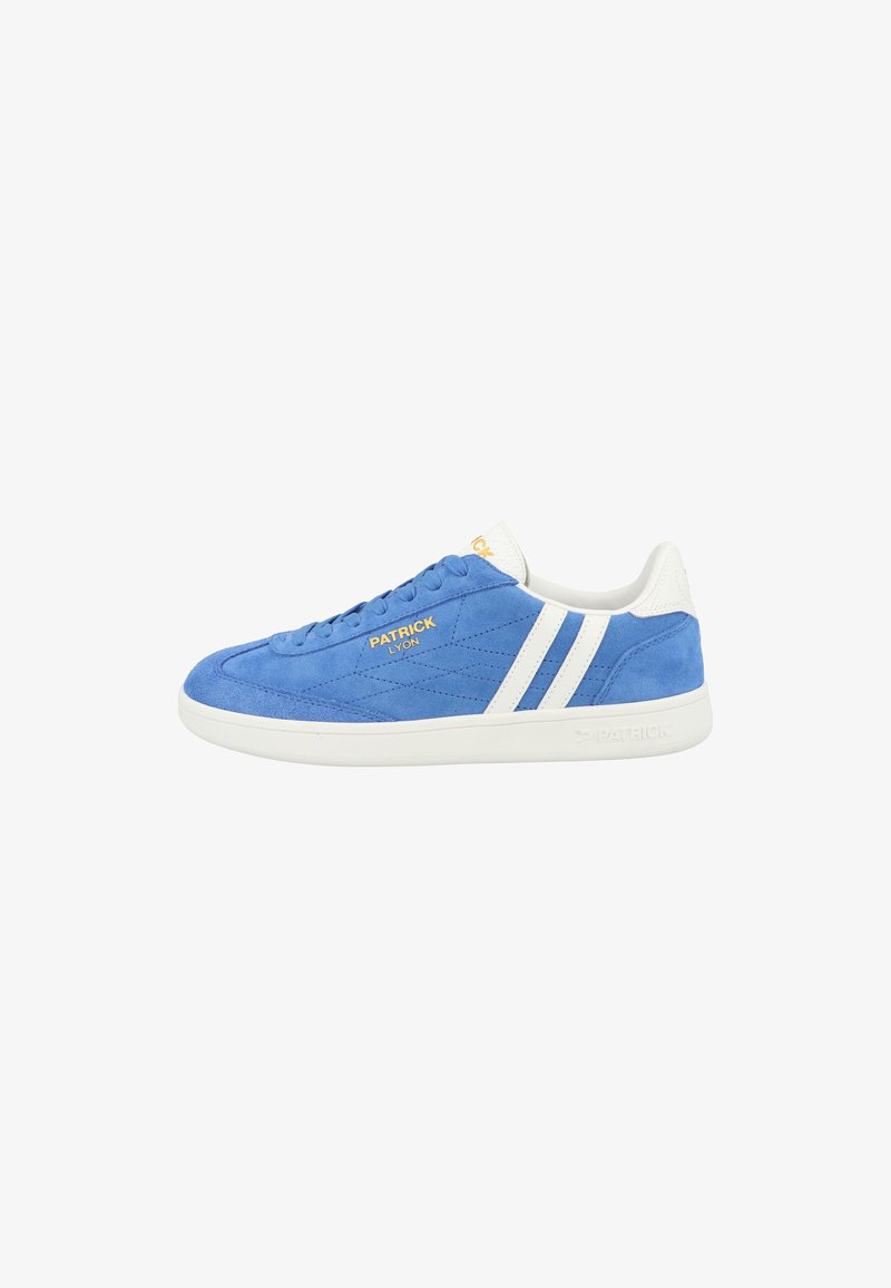 Blue suede sneaker with white stripes, quilted texture, gold logo detail on side, and white rubber sole. Laced design and padded collar.