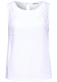 Witte mouwloze top met een gestructureerde stof, decoratieve oogjespatronen langs de schouders en een sleutelgat sluiting aan de achterkant.
