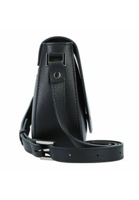 Black leather handbag with a pebbled texture, rectangular shape, adjustable strap, silver hardware, and contrasting stitching accents.
