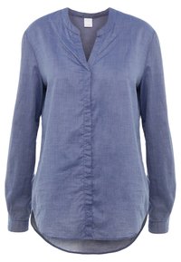 Camisa de manga larga, de mezcla de algodón azul con cuello de banda, tapeta frontal y dobladillo redondeado. Presenta una tela texturizada para un look casual.