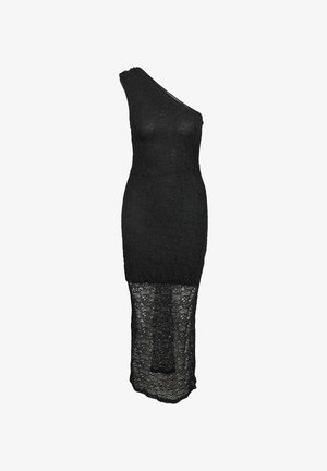 Vestido negro asimétrico con cuerpo entallado, tela de encaje texturizada y dobladillo inferior transparente que crea un efecto de capas.