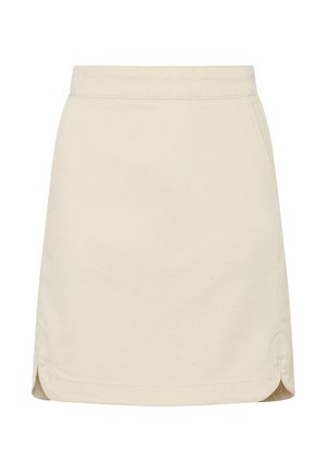 Beige Baumwoll-Minirock mit einer taillierten Taille, seitlichen Eingrifftaschen und subtilen Schlitzen am Saum für mehr Bewegungsfreiheit.