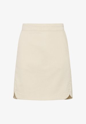 Beige pamut mini szoknya, illeszkedő derékkal, oldalsó zsebekkel és diszkrét hasítékokkal az oldalakon a nagyobb mozgásszabadság érdekében.