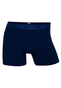 Mørkeblå boxer briefs lavet af blødt stof, med en blå elastisk talje med "DOVRE" logo og en formsyet pung.