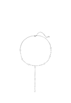 Delicate silver chain necklace with small white pearls evenly spaced and a vertical drop featuring three pearls at the center.