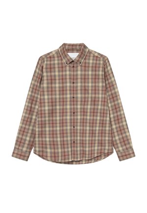 Πουκάμισο με μακριά μανίκια σε καρό σχέδιο, σε τόνοι μπεζ, καφέ και πράσινου, με κουμπιά μπροστά, κλασικό γιακά και κυρτή ραφή στο κάτω μέρος.