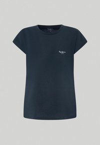 Tmavě modré tričko s krátkými rukávy z bavlny. Má kulatý výstřih a malé bílé logo na levé straně hrudi. Hladká textura.