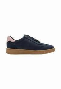 Navy blue lace-up sneaker with a textured rubber sole and a light pink accent on the heel. Features eyelets and stitched details.